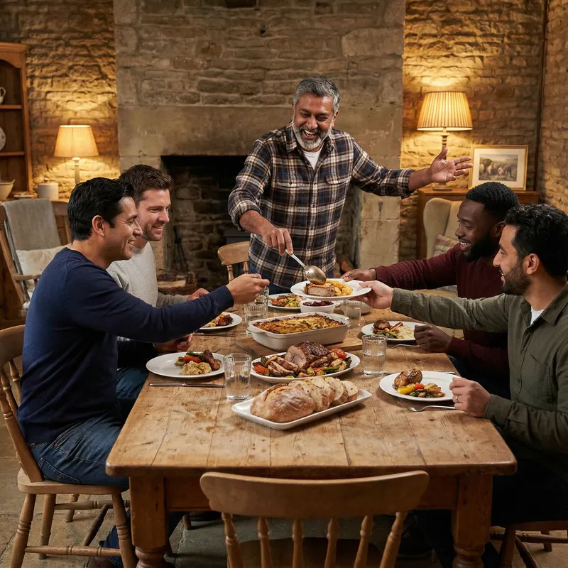 Diverse Men Indulging in Hearty Meal at Rustic Table