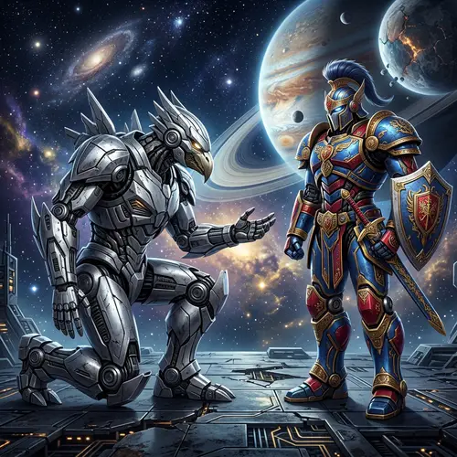 Futuristic Robotic Figures Apologizing in Surreal Scene