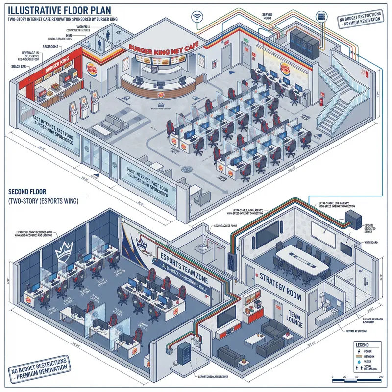 Detailed Two-Story Internet Cafe Floor Plan