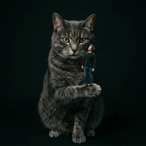 Surreal Grey Cat Holding Miniature Human Figure