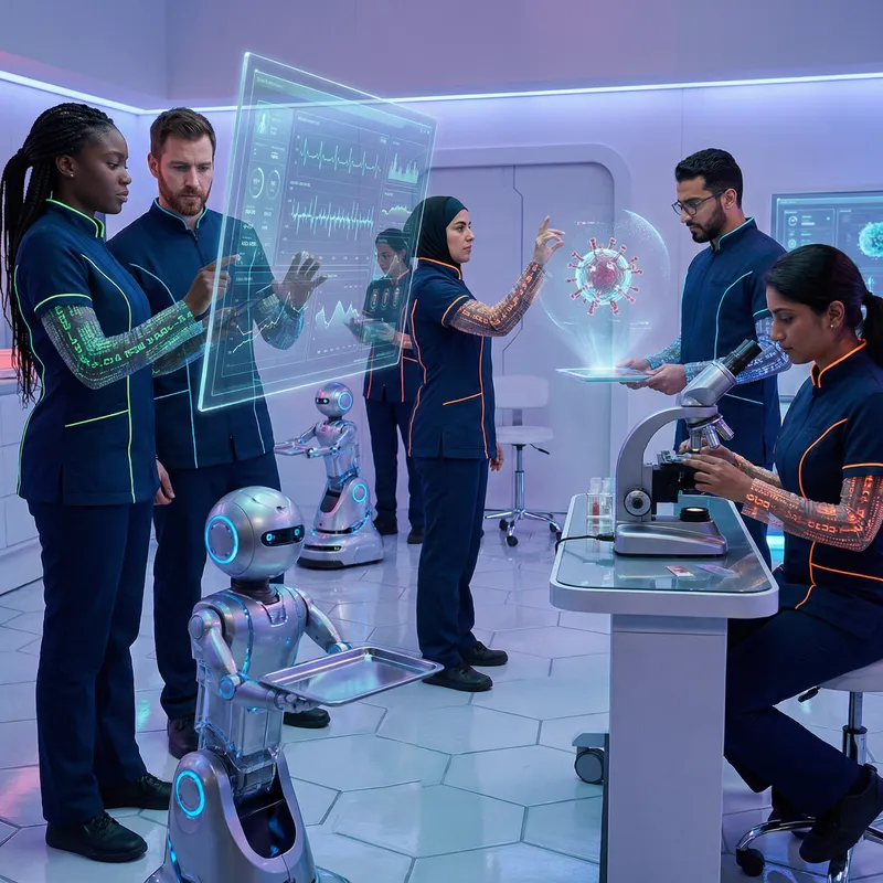 Futuristic Medical Technologists in Sci-Fi Lab