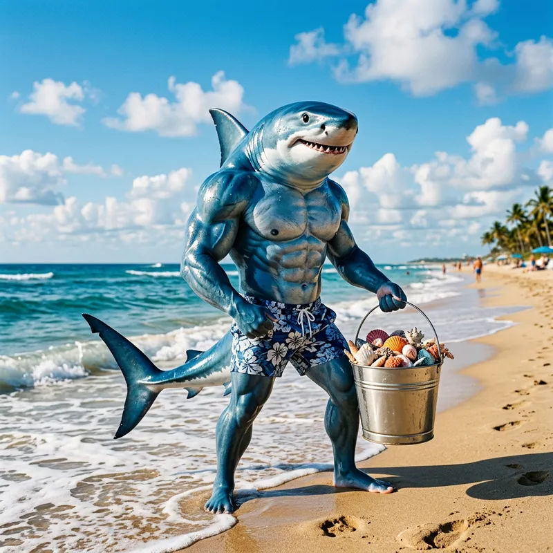 Muscular Shark on Sunlit Beach: Strength & Whimsy Muscular Shark on Sunlit Beach: Strength & Whimsy
