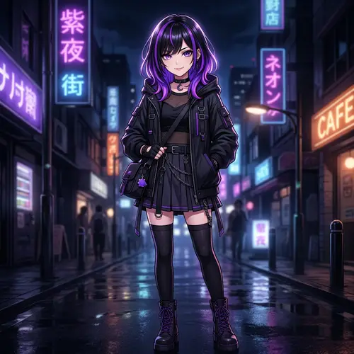 Stunning Anime Girl with Black and Purple Hair Art