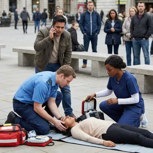 Emergency First Aid Scene in Public Area