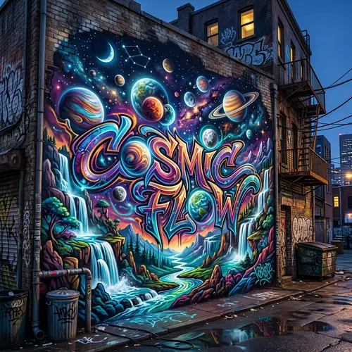 Surrealistic Graffiti Tag with Planets and Cascades