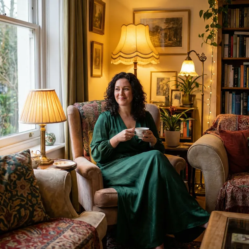 Graceful Woman Poses in Elegant Home with Warm Lighting