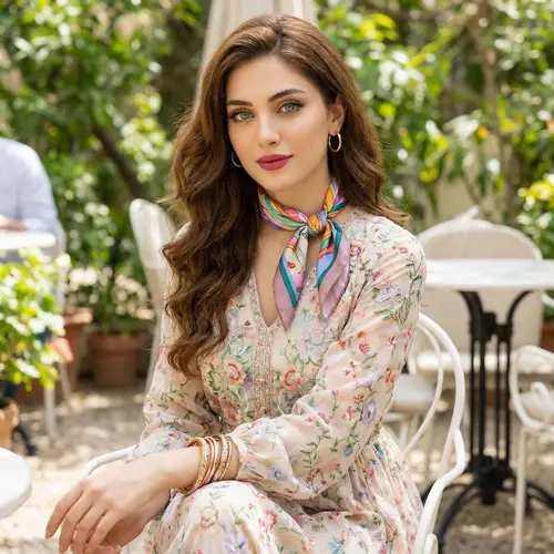 Elegant Young Woman with Bright Green Eyes and Luxurious Chestnut Hair