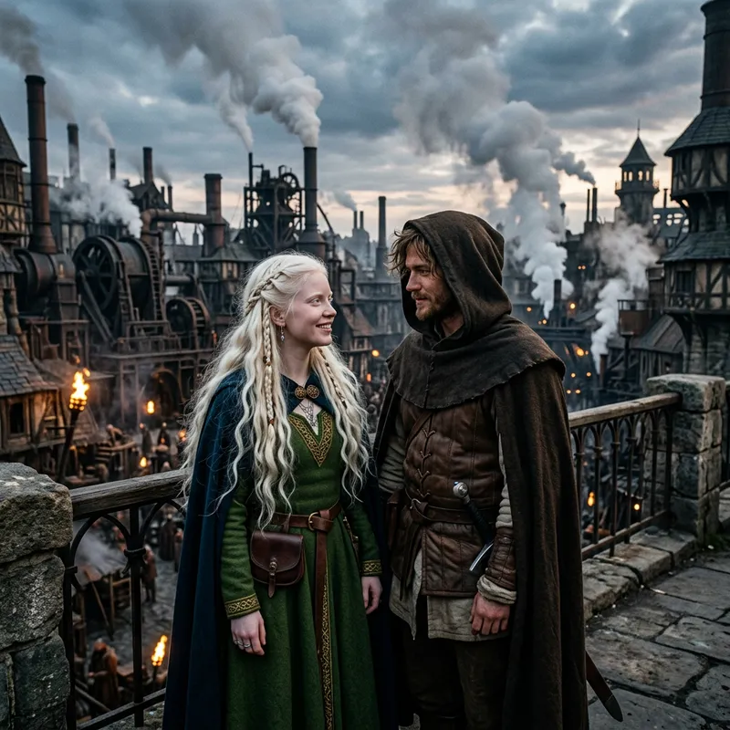 Albino Woman and Man in Medieval City - Fantasy Art