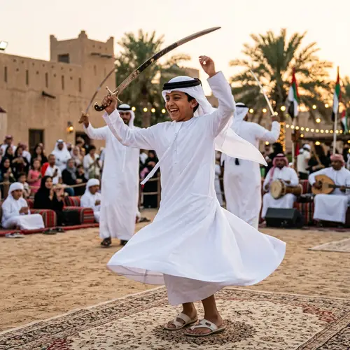 Emirati Boy Participating in Traditional Yowla Dance