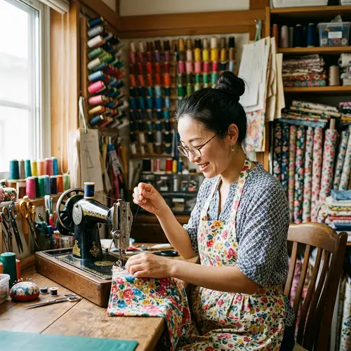 Joyful East Asian Woman Sewing on Antique Machine