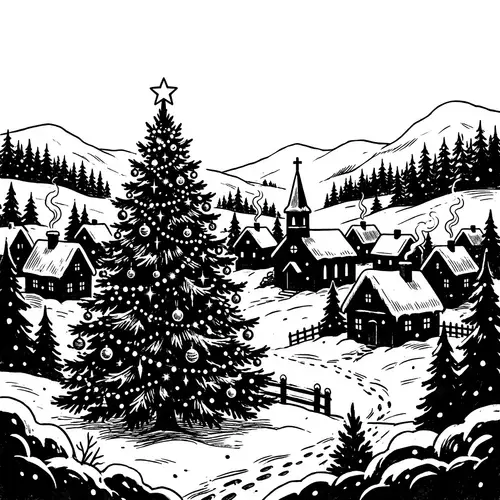 Snowy Winter Village Christmas Illustration