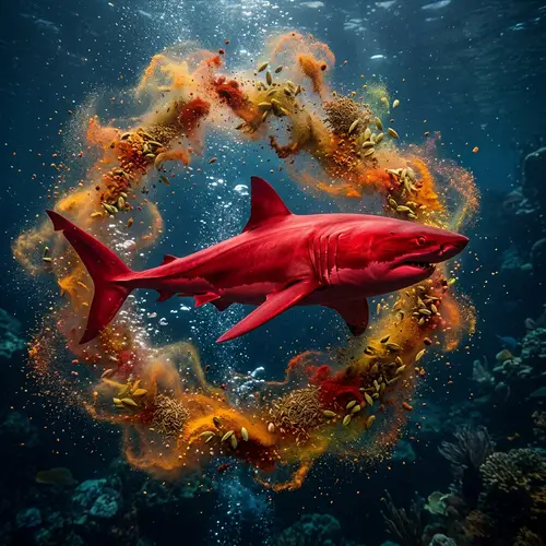 Red Shark Swimming Through Spices - A Unique Underwater Scene
