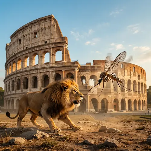 7 Wonders of the World Panorama with Lion and Mosquito Battle