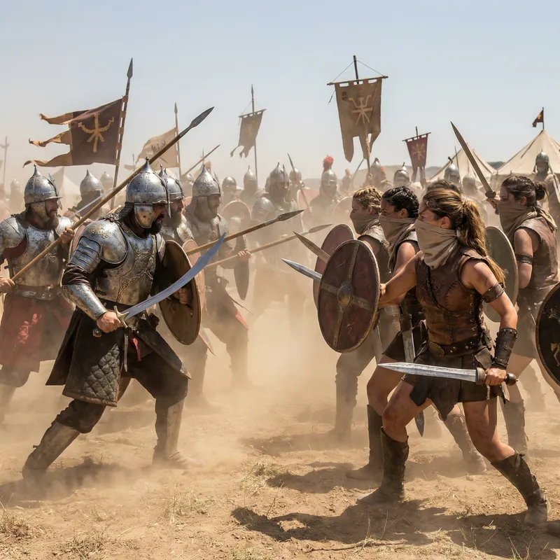 Frenzied Ancient Battle: South Asian Men vs Hispanic Women Warriors Frenzied Ancient Battle: South Asian Men vs Hispanic Women Warriors