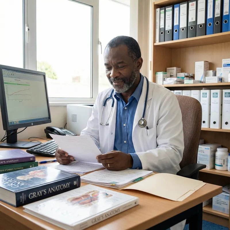 Focused African American Doctor in a Well-Lit Office