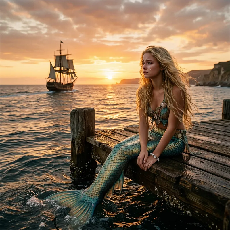 Enchanting Mermaid on Dock at Sunset - Fantasy Seaside Scene
