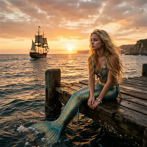 Melancholic Mermaid Watching Ship at Sunset