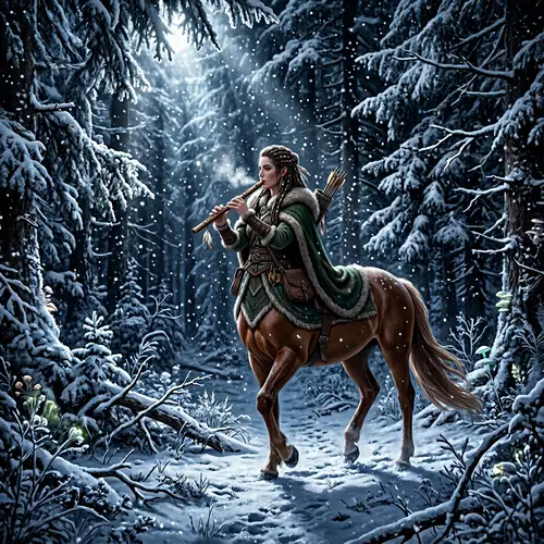 Majestic Female Centaur Playing Flute in Snowy Forest