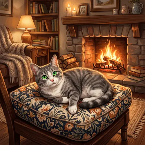 Detailed Illustration of a Household Cat on a Comfortable Cushion