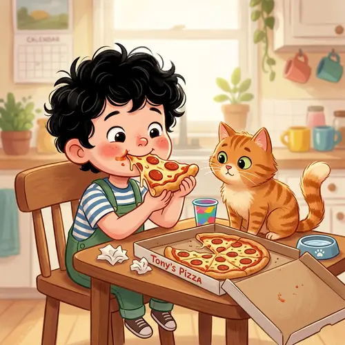 Adorable Child Eating Pizza with Cute Cat - Cartoon Illustration