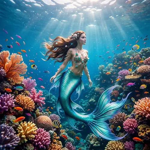 Surreal Underwater Mermaid Scene with Vibrant Coral Reefs