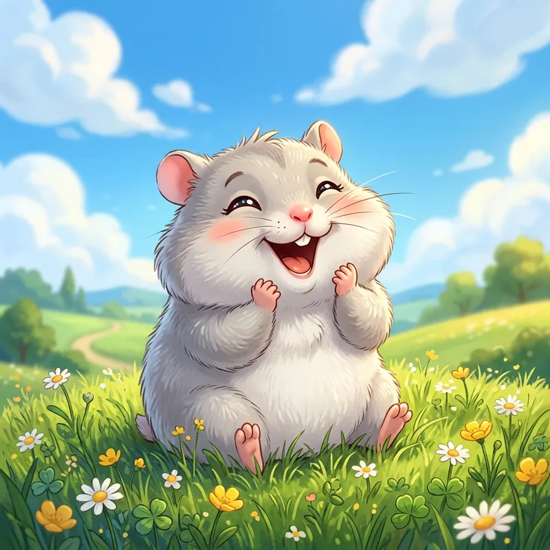 Cute Animated Hamster Smiling on Grass in Grey Cute Animated Hamster Smiling on Grass in Grey