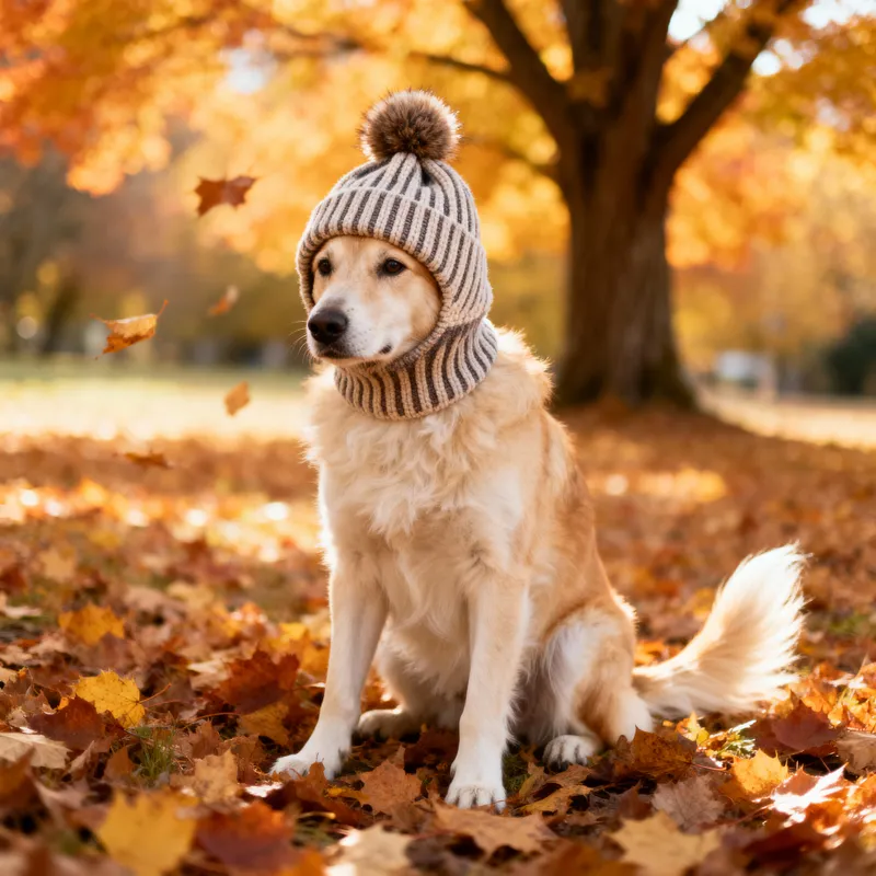Adorable Autumn Photos with Dog in Knit Cap