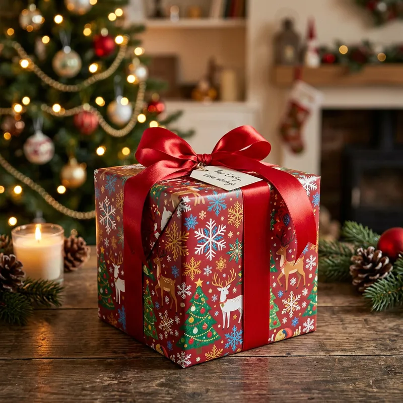 Cubic Gift Box in Festive New Year Wrapping