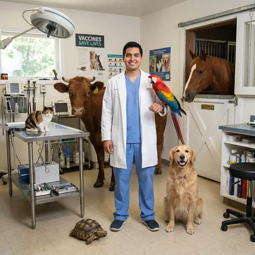 Young Hispanic Veterinary Doctor with Diverse Animals