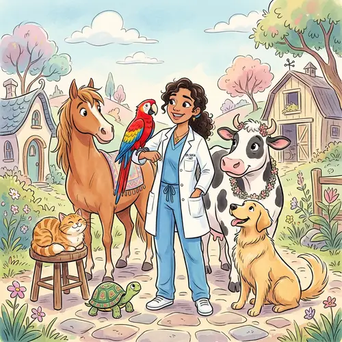 Young Hispanic Veterinarian with Macaw, Cow, Horse, Dog, Cat, and Turtle