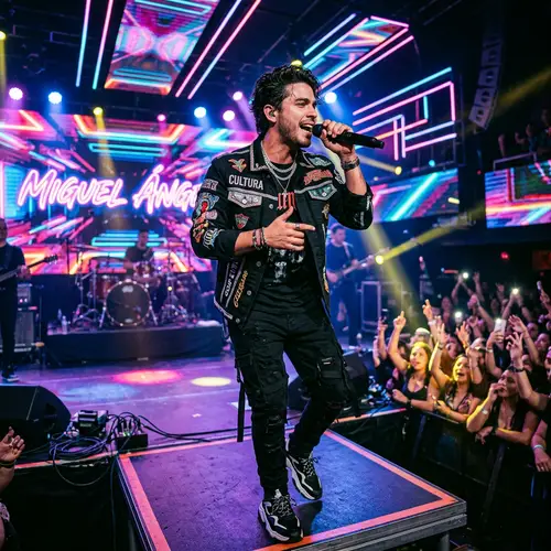 Latin-pop Singer Performing on Neon-Lit Stage