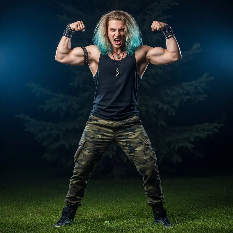 Muscular Man with Azure Hair: Primal Energy in Nature