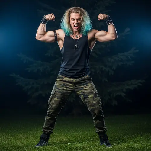 Muscular Man with Azure Hair: Primal Energy in Nature