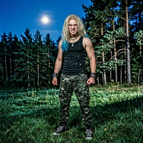 Muscular Man with Azure Hair: Primal Energy in Nature