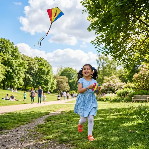 Joyful Young Girl Flying Kite in Beautiful Park | Website Name