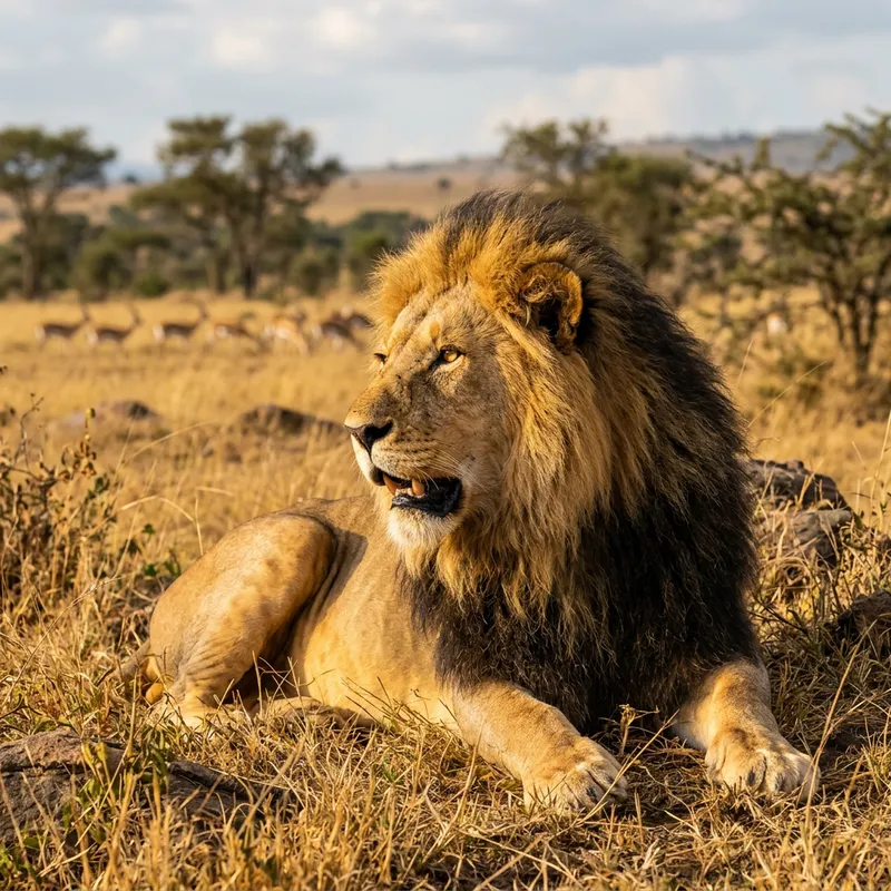Majestic Lion on Savannah Grass | Golden Coat | Regal Mane Majestic Lion on Savannah Grass | Golden Coat | Regal Mane