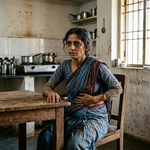 Middle-Aged South Asian Woman Expressing Hunger and Hope | Kitchen Scene