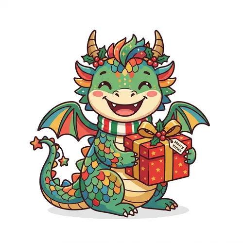 Whimsical Christmas Dragon Illustration with Colorful Scales