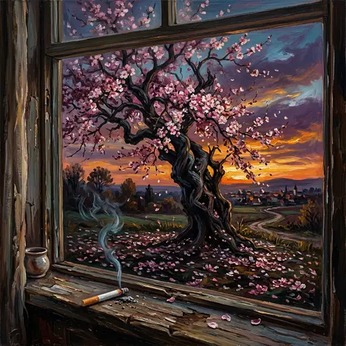 Cherry Blossom Landscape Painting | Ominous Trunk & Forgotten Cigarette