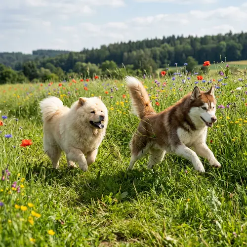 Chow Chow and Siberian Husky Playful Meadow Frolic