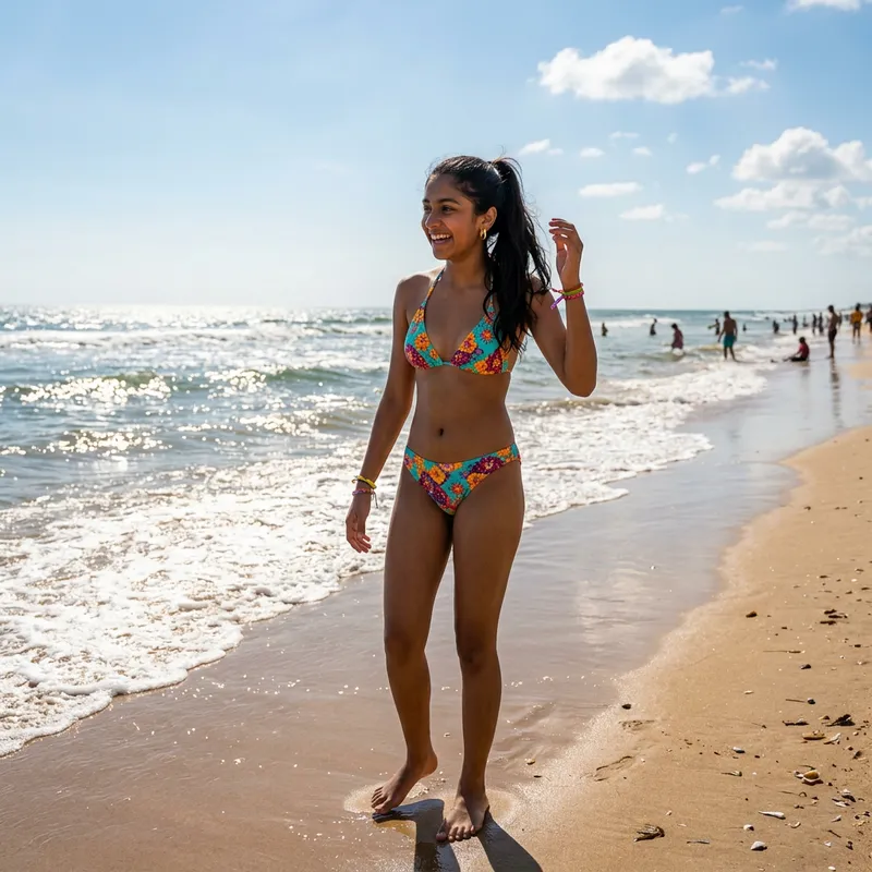 South Asian Teenager Girl in Colorful Bikini at Beach