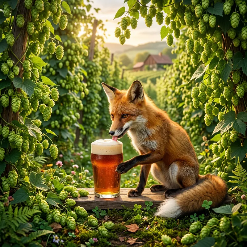 Enchanting Fox Enjoying Beer in Hop-filled Environment Enchanting Fox Enjoying Beer in Hop-filled Environment