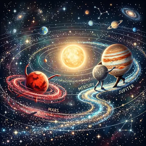 Galactic Dance of Planets: Mercury, Jupiter, and Mars