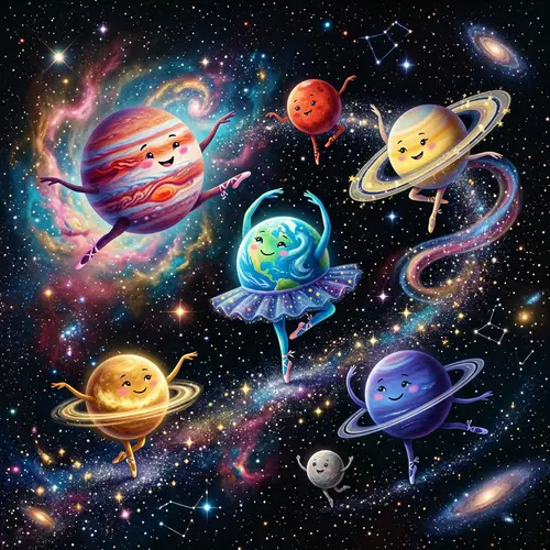 Whimsical Cosmic Ballet: Dancing Planets Display Grace and Fluidity