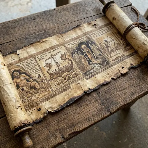 Stories of Homer's Odyssey Illustrated on Ancient Scroll