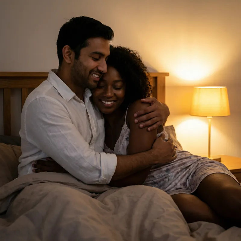 Romantic Couple Embracing in Stylish Attire