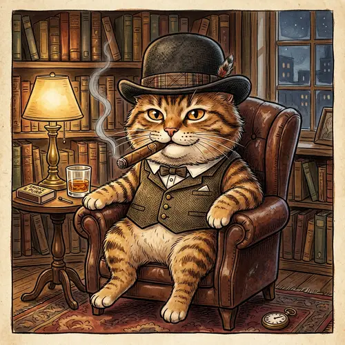 Cat Wearing a Hat with Cigar - Unique Illustration