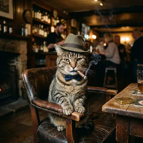 Cat Wearing Hat with Cigar - Quirky and Fun Image