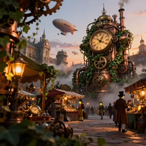 Steampunk Cityscape: Dusk Market Adventure
