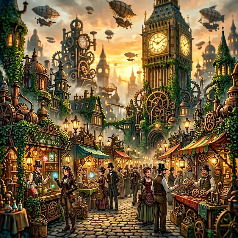 Steampunk Cityscape: Dusk Market Adventure